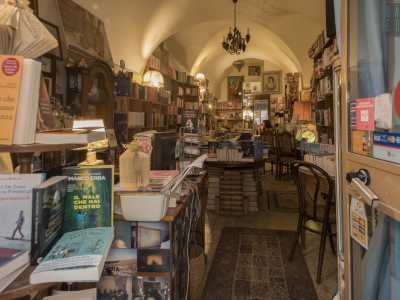 Ci spostiamo quindi nel suo negozio, un caldo e accogliente locale con le pareti colme di libri e quadri